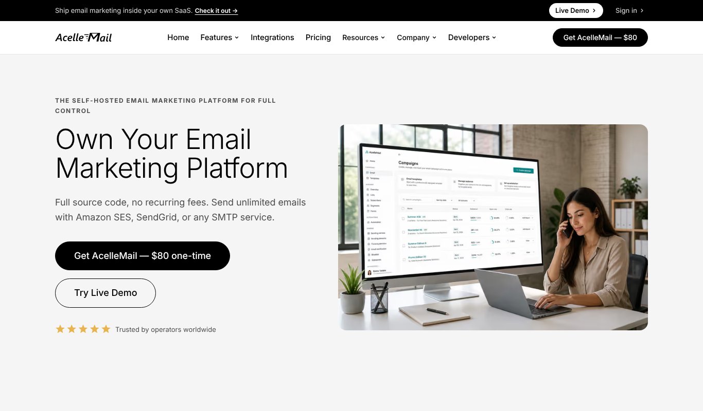 Acelle Mail homepage, own your email marketing platform