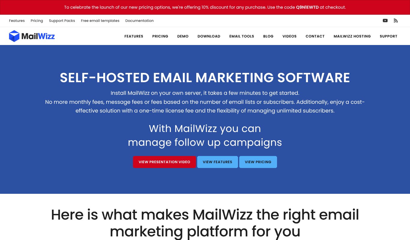 MailWizz homepage, self-hosted email marketing software