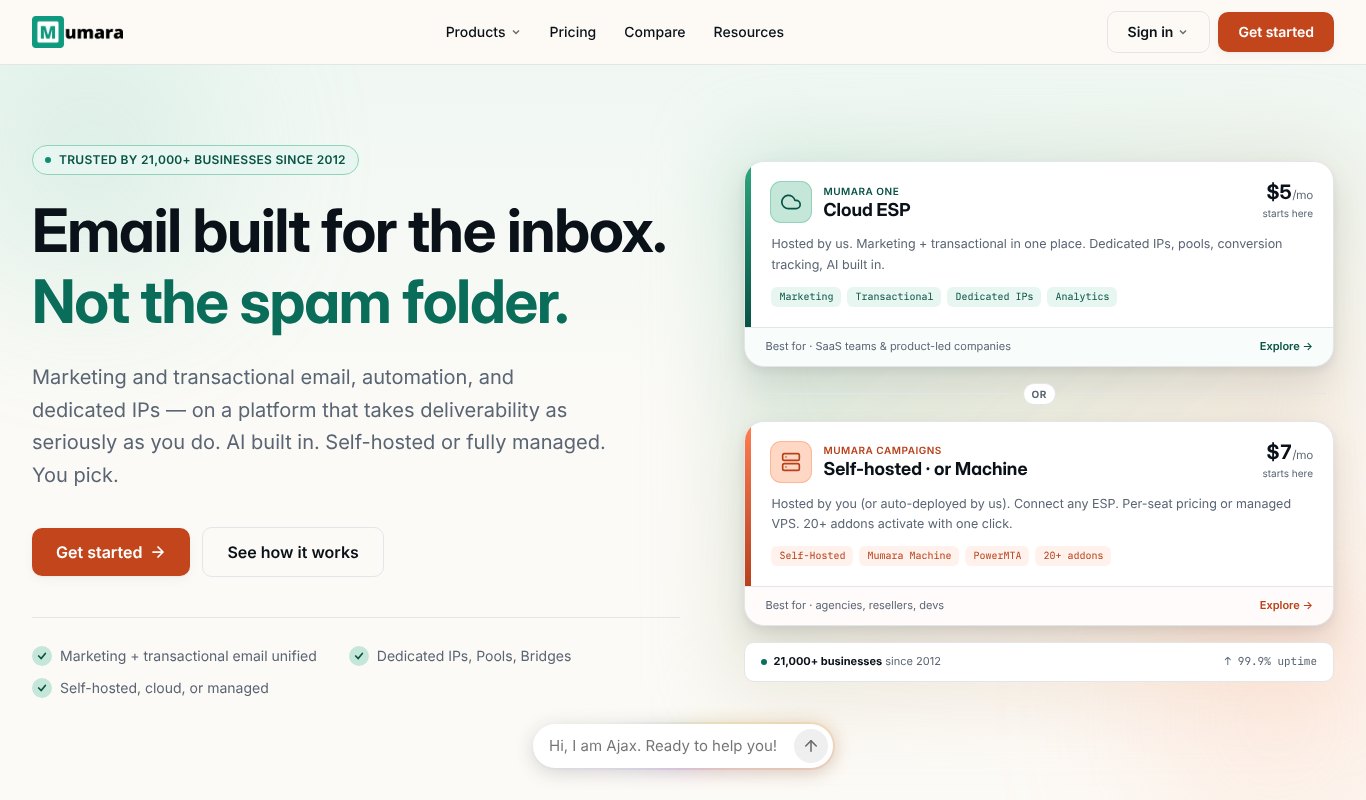 Mumara homepage, email built for the inbox
