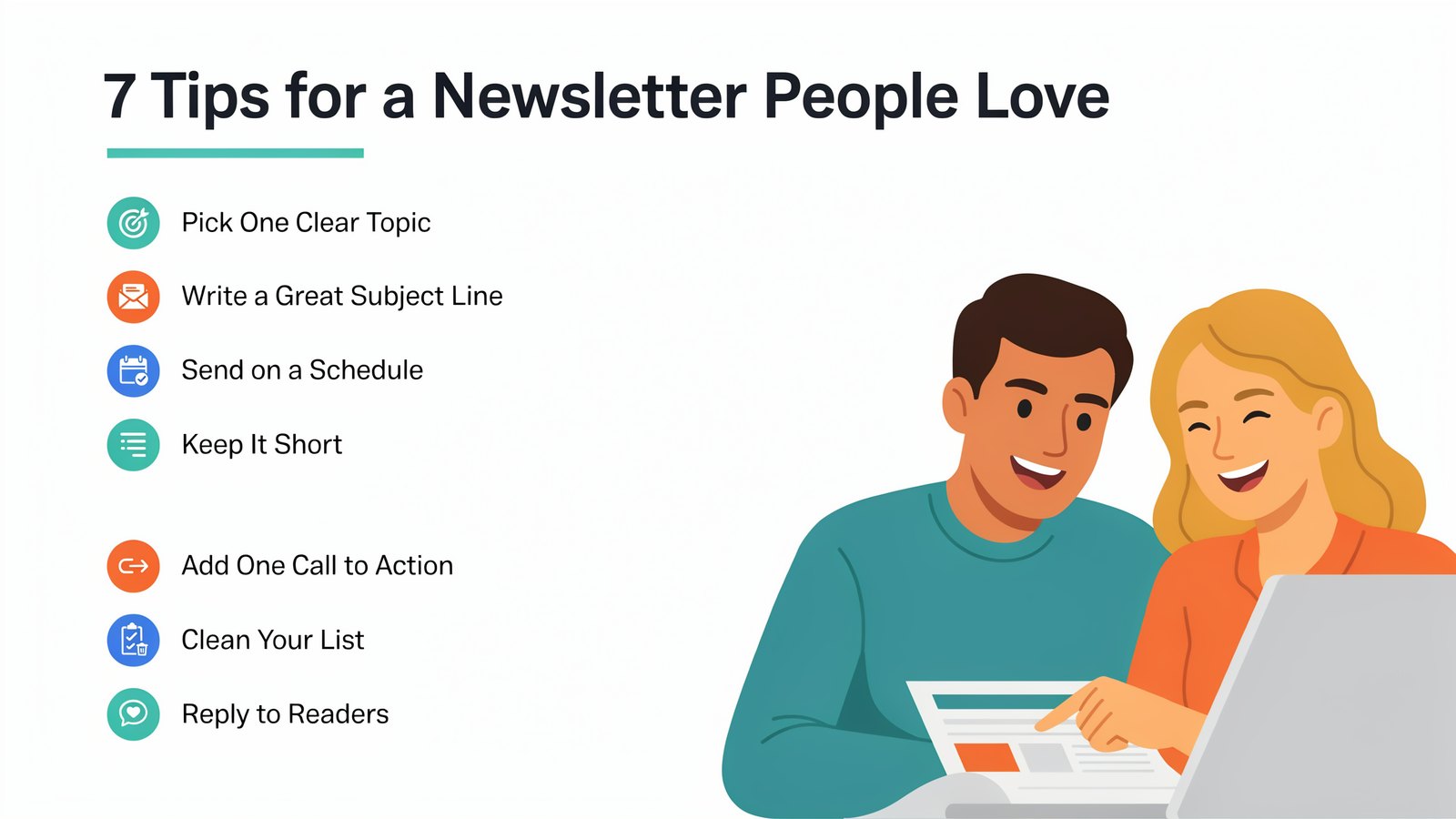 Seven tips for a newsletter people love, from picking one clear topic to replying to readers