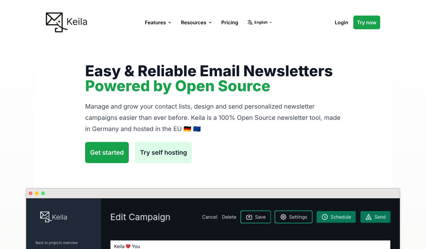 Keila homepage, easy and reliable email newsletters powered by open source