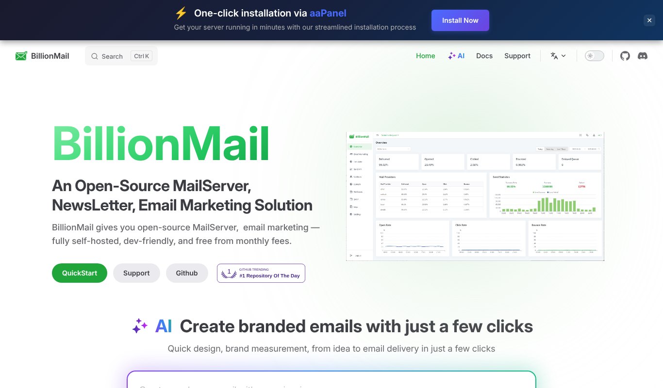 BillionMail homepage, an open source mail server, newsletter and email marketing solution