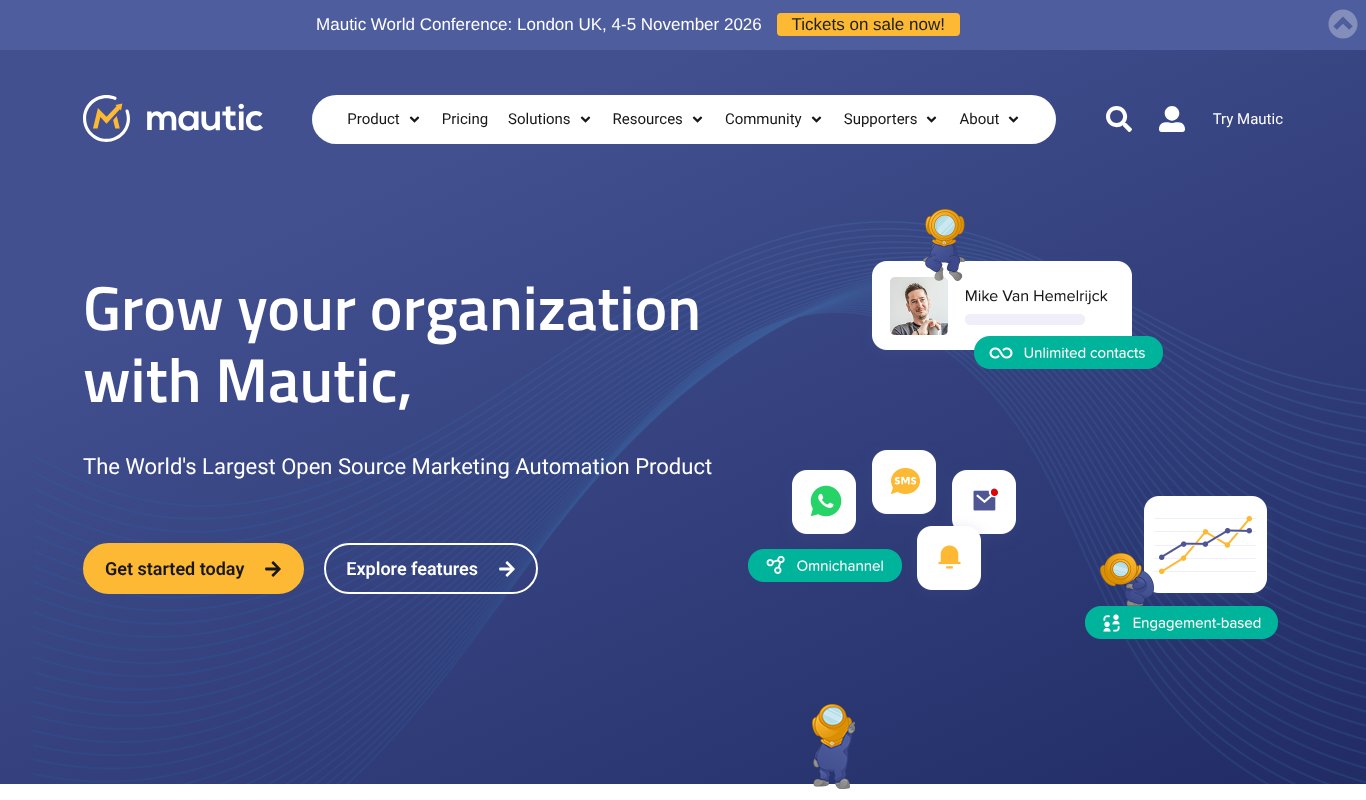 Mautic homepage, the open source marketing automation product