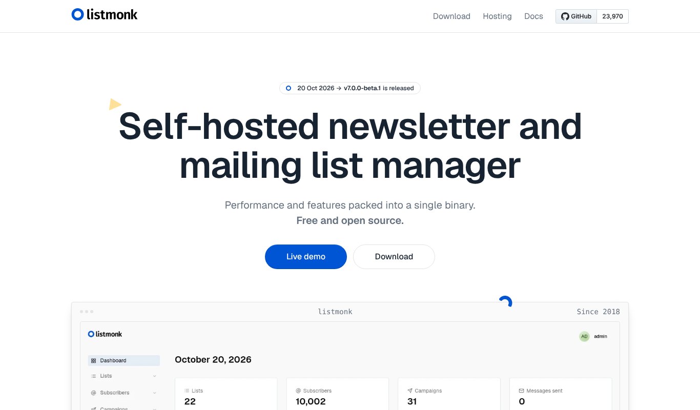listmonk homepage, a self-hosted newsletter and mailing list manager