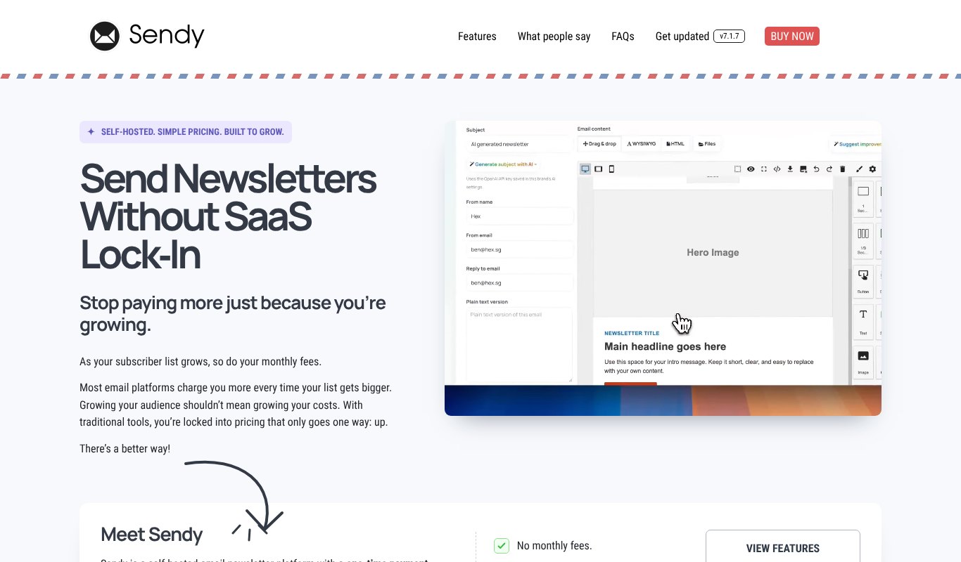 Sendy homepage, self-hosted newsletters without SaaS lock-in